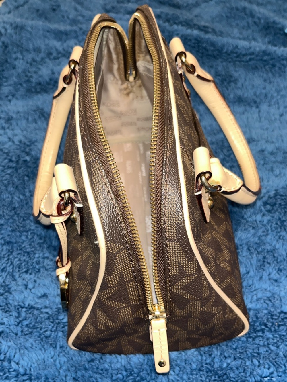 Michael Kors Brown Monogram Satchel with Cream Trim and Gold Charm